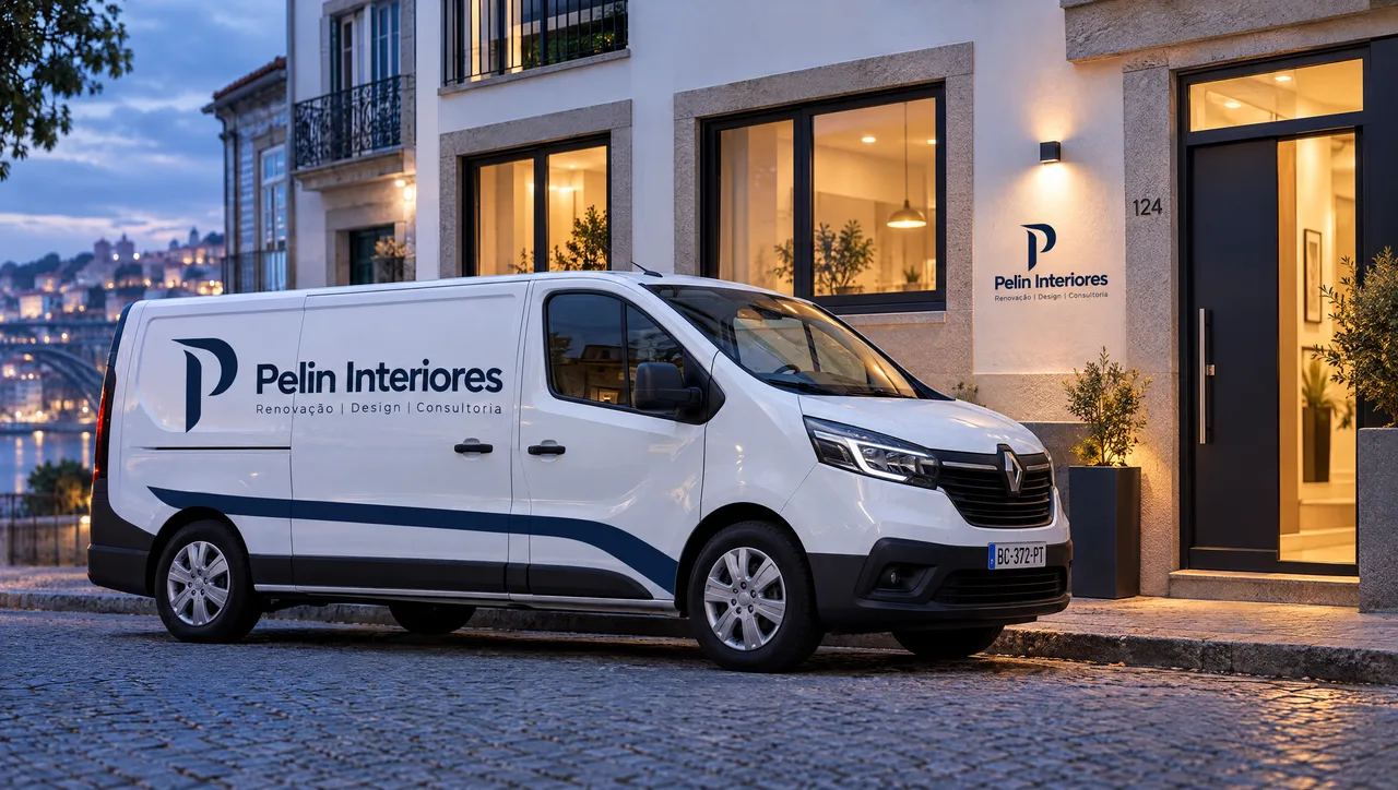 Carrinha da Pelin Interiores em frente a uma fachada renovada no Porto (mockup ilustrativo)